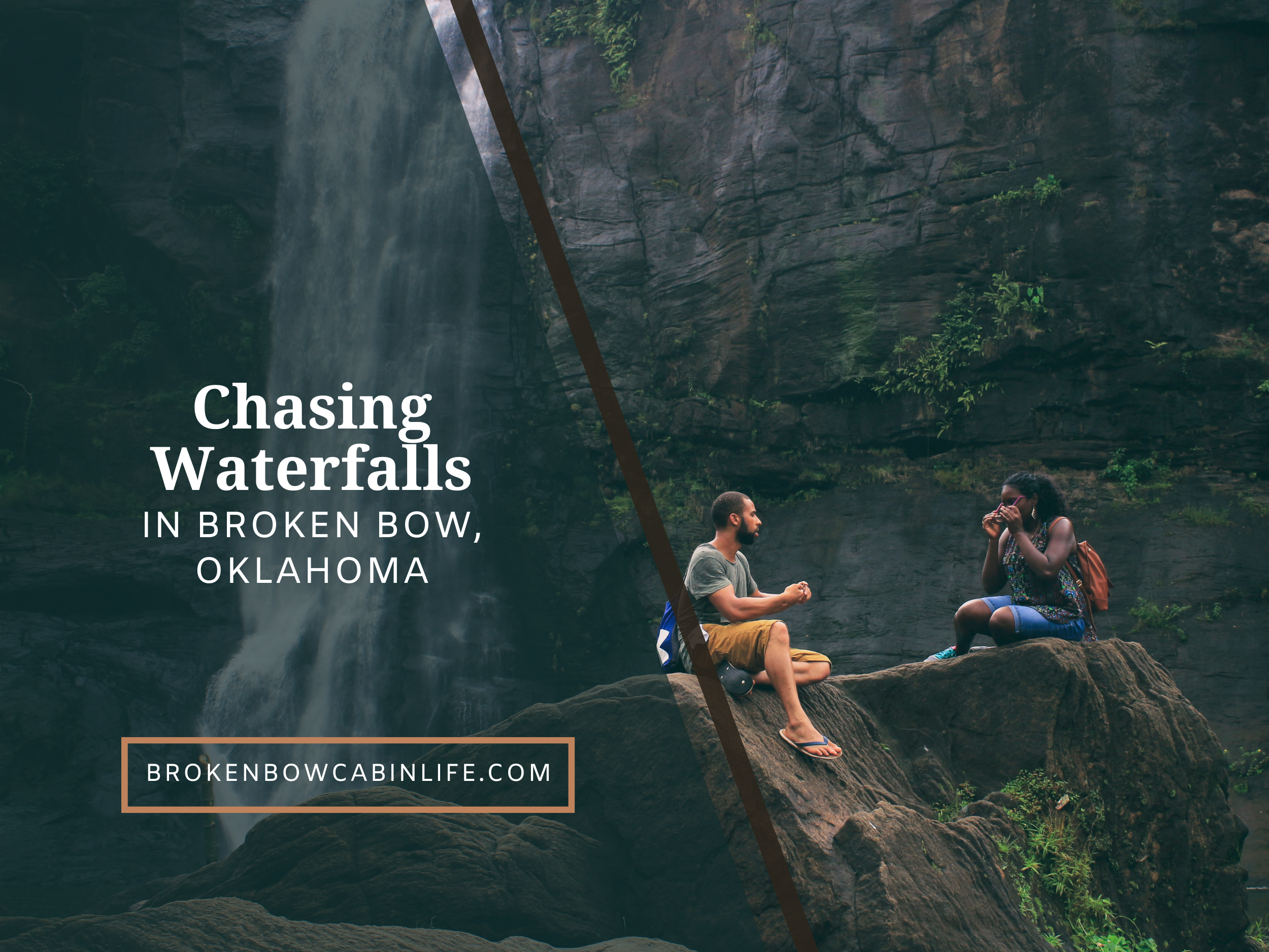 man and woman sitting on rock in front of waterfall